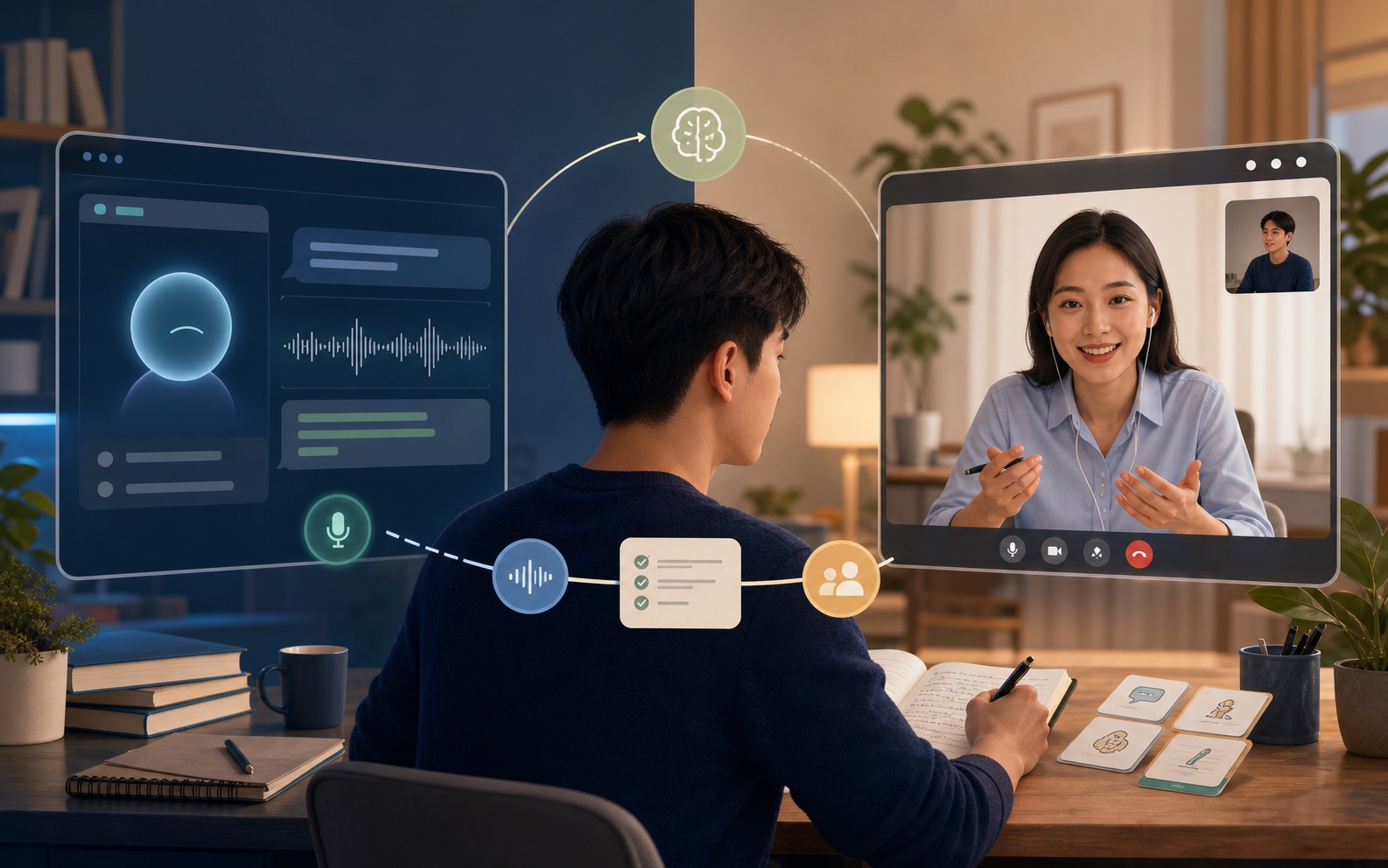 Illustration comparing AI and human Chinese tutoring